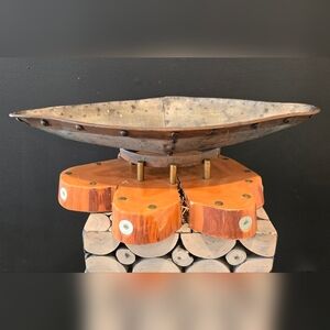 One of a kind decorative galvanized bowl standing on bullets and cedar slab EUC